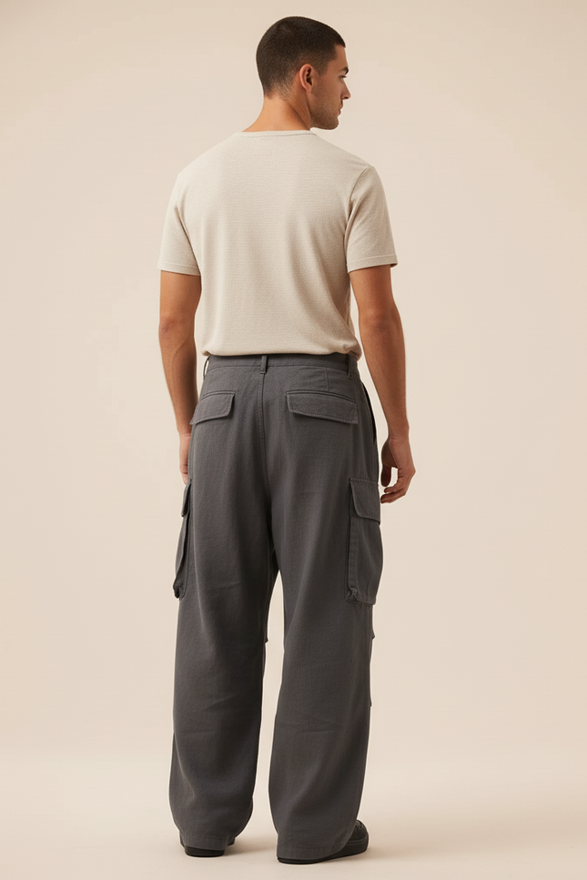 Pantalon Baggy Cargo Gris Ample Décontracté Homme - Toile - vue 2