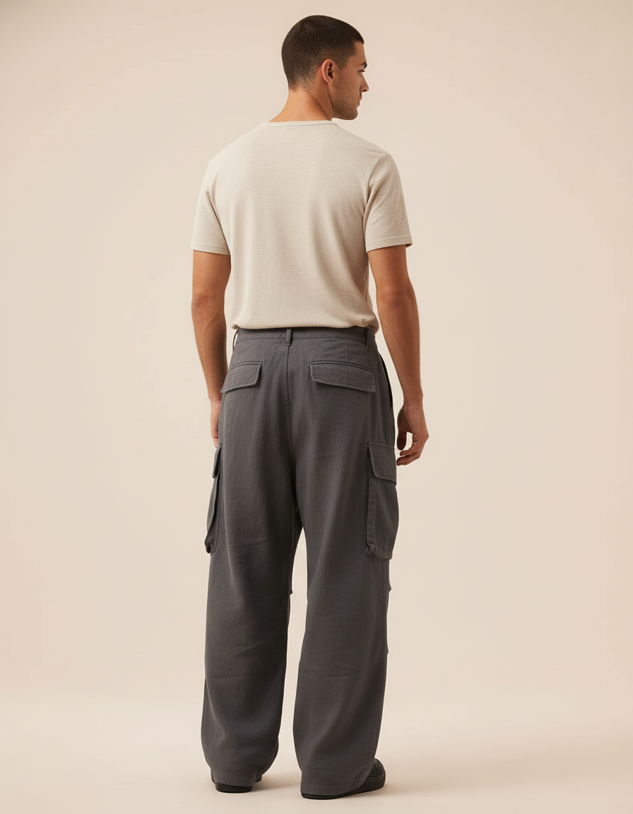 Pantalon Baggy Cargo Gris Ample Décontracté Homme - Toile - vue 2