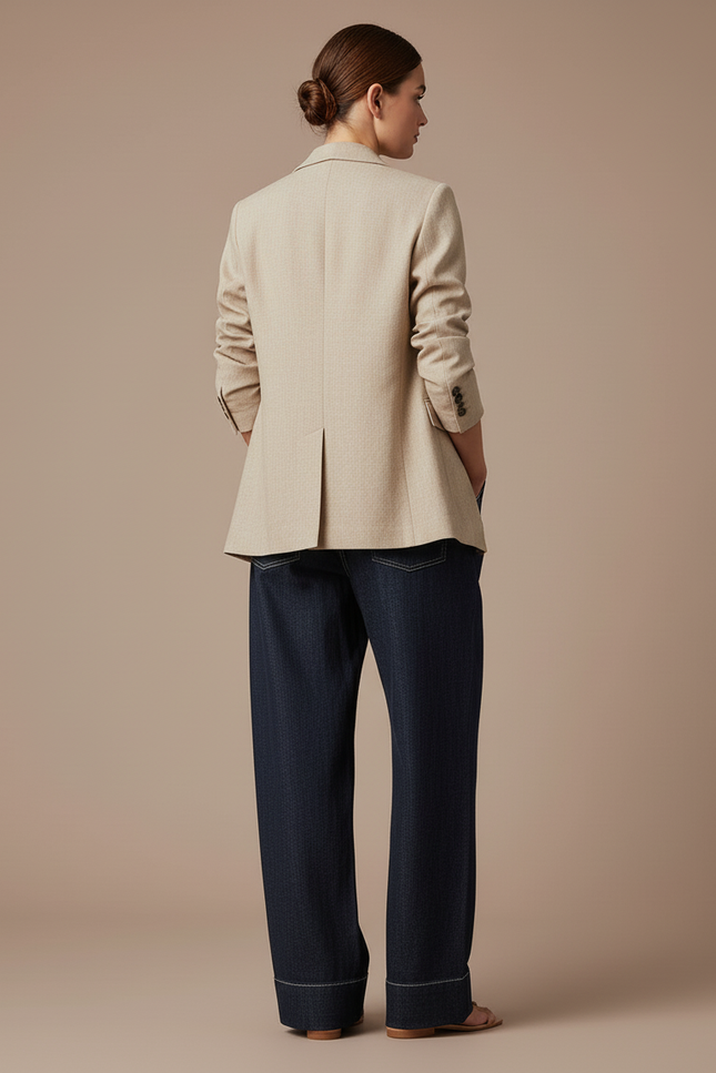 Pantalon Baggy Jean Bleu Marine Ample Plissé Femme - vue 2