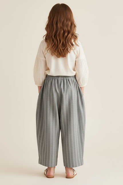 Pantalon Baggy Gris Rayé Lin Coton Ample Enfant - vue 2