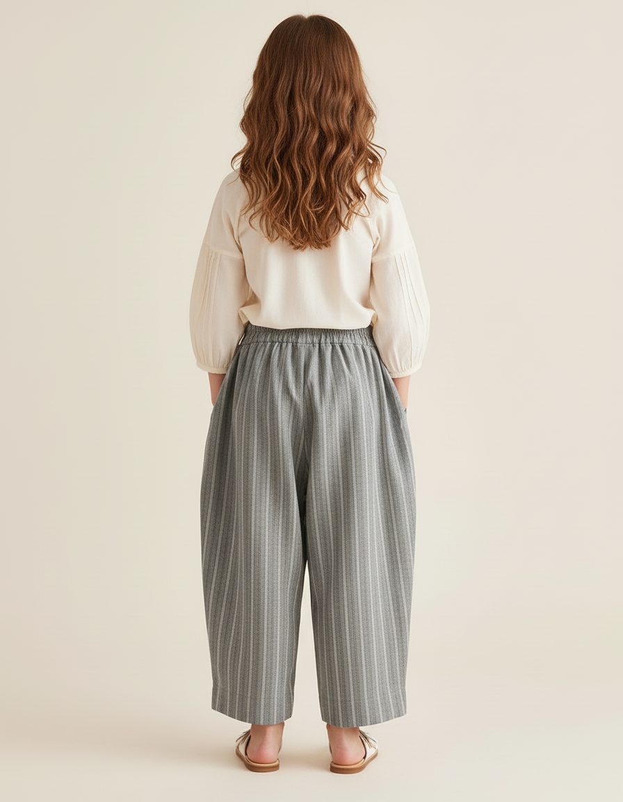 Pantalon Baggy Gris Rayé Lin Coton Ample Enfant - vue 2