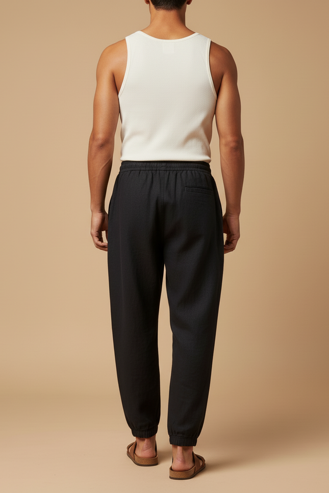 Pantalon Baggy Noir Lin Cordon Ample Homme Décontracté - vue 2