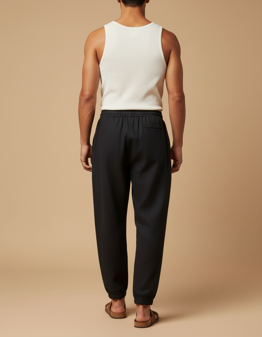 Pantalon Baggy Noir Lin Cordon Ample Homme Décontracté - vue 2