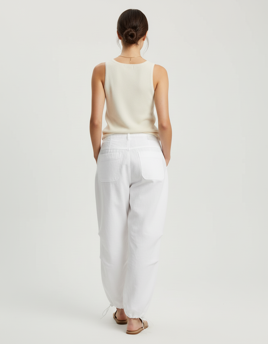 Pantalon Baggy Blanc Ample Fluide Cordon Décontracté - Toile - vue 2