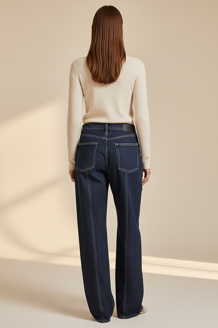 Pantalon Baggy Bleu Denim Étoiles Blanches Taille Haute - Marine Jean - vue 2