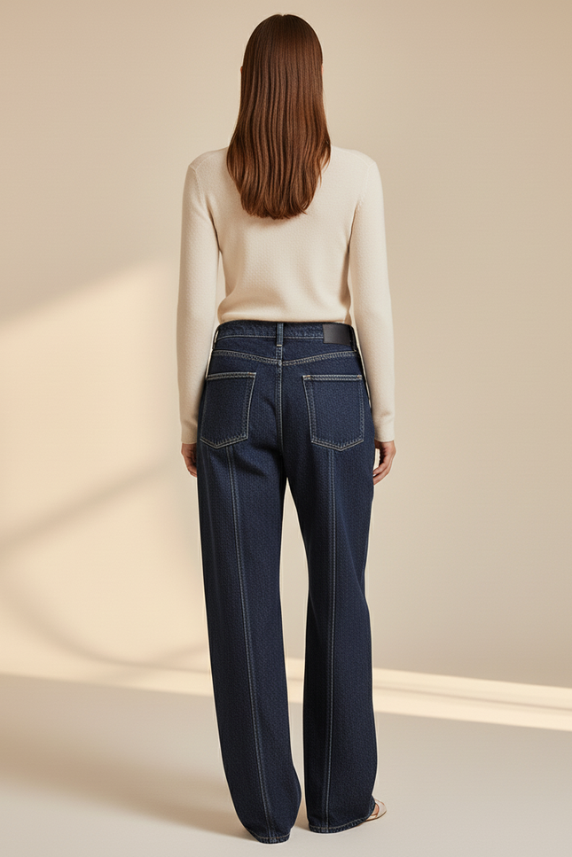 Pantalon Baggy Bleu Denim Étoiles Blanches Taille Haute - Marine Jean - vue 2