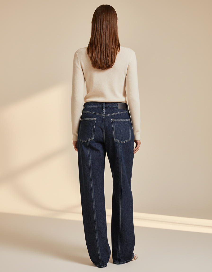 Pantalon Baggy Bleu Denim Étoiles Blanches Taille Haute - Marine Jean - vue 2
