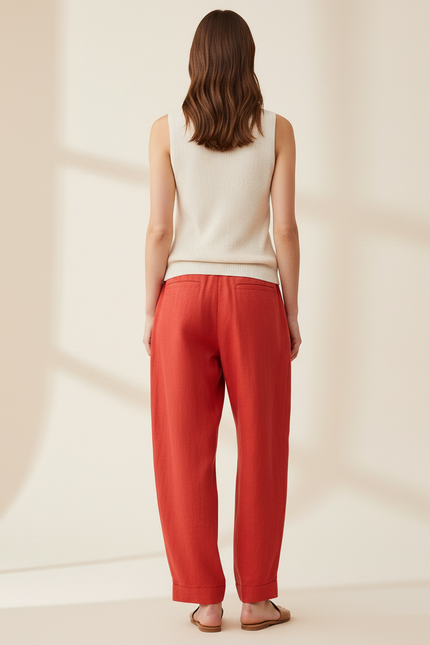 Pantalon Baggy Rouge Lin Ample Plissé Décontracté - vue 2