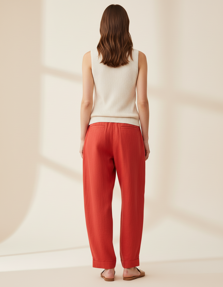 Pantalon Baggy Rouge Lin Ample Plissé Décontracté - vue 2