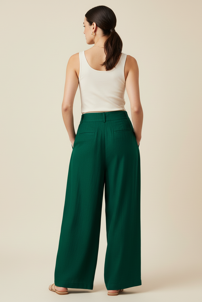 Pantalon Baggy Vert Émeraude Fluide Lin Plissé - vue 2