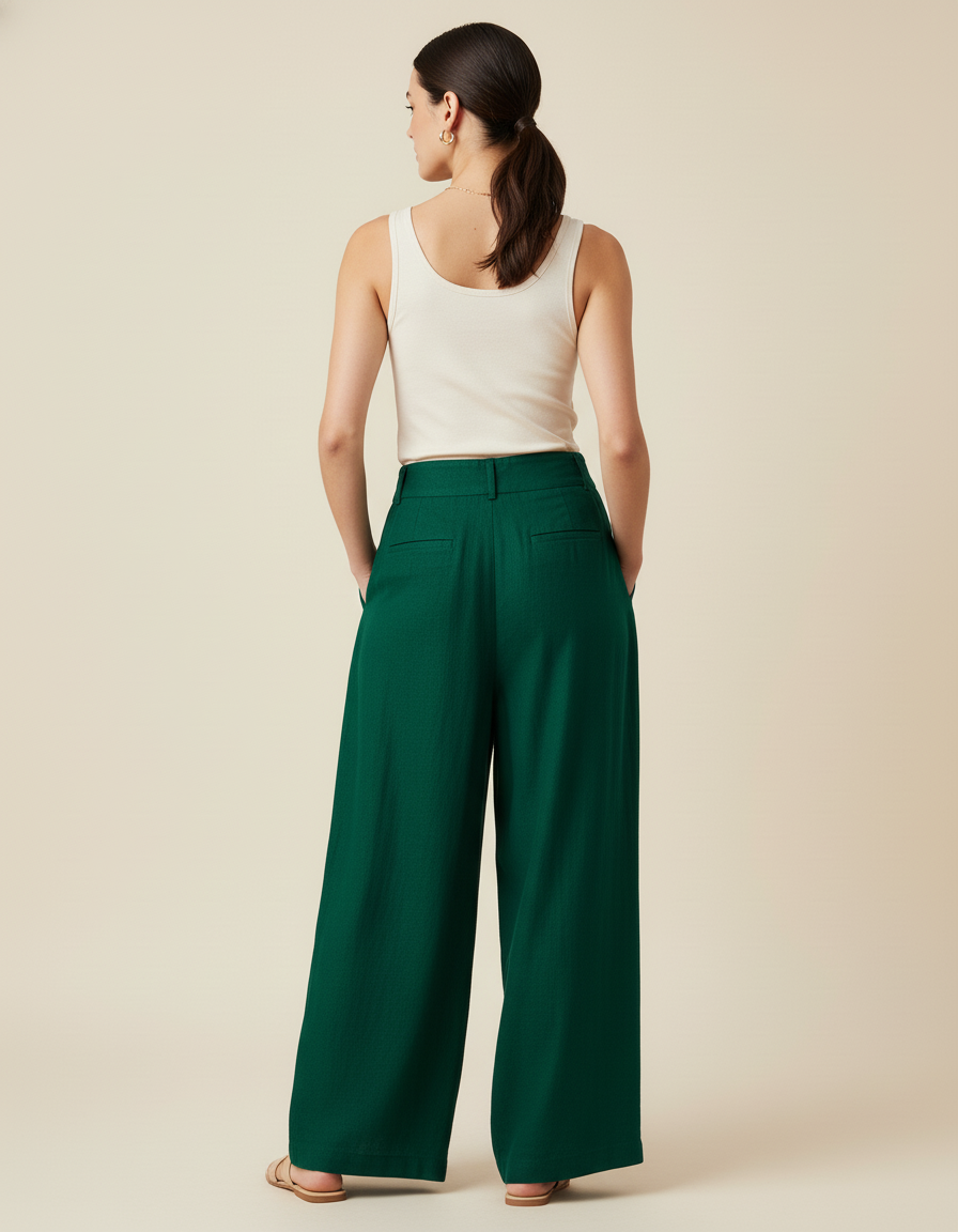 Pantalon Baggy Vert Émeraude Fluide Lin Plissé - vue 2