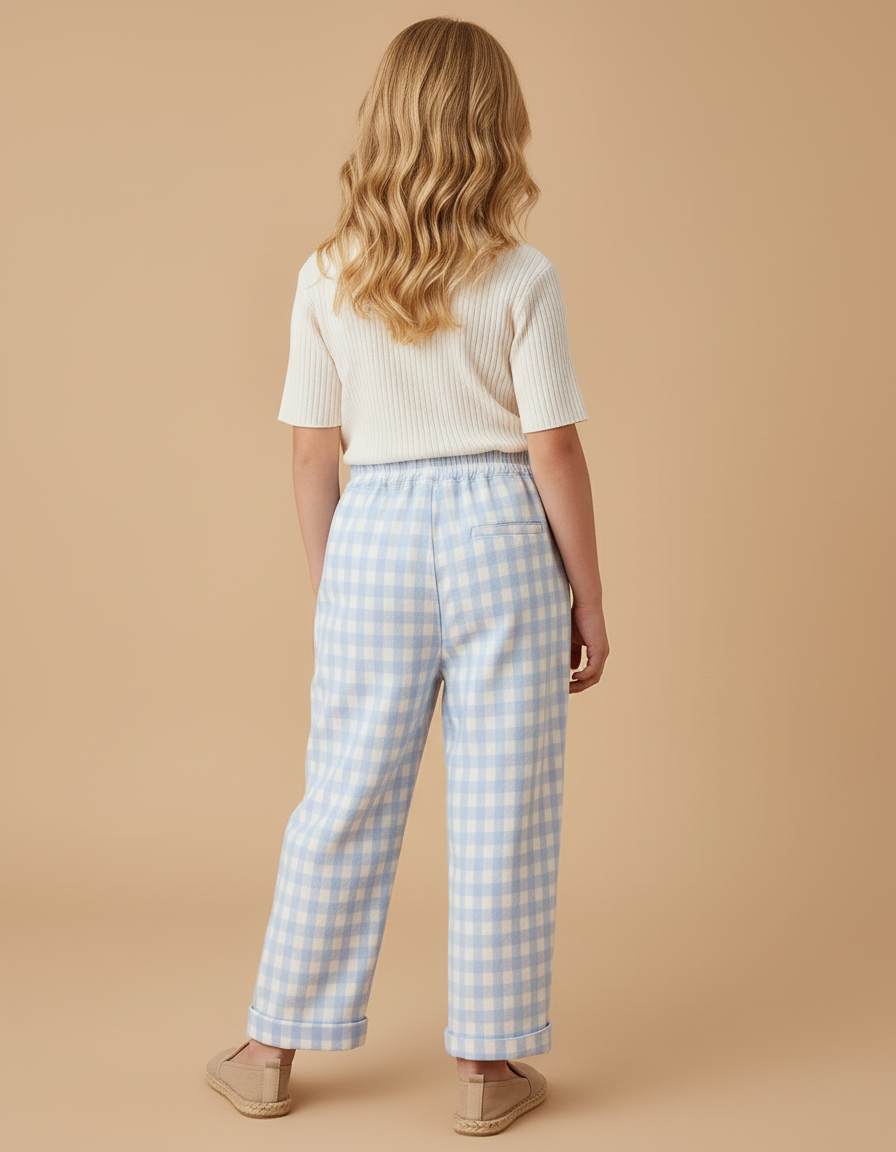Pantalon Baggy Vichy Bleu Ciel Ample Décontracté Enfant - Coton - vue 2