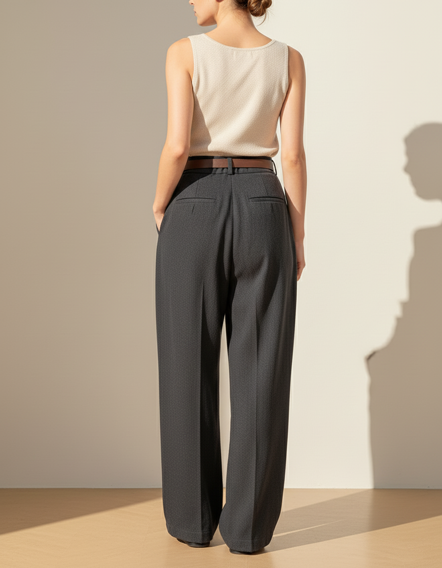 Pantalon Baggy Femme Gris Taille Haute Coton 2 - Laine - vue 2