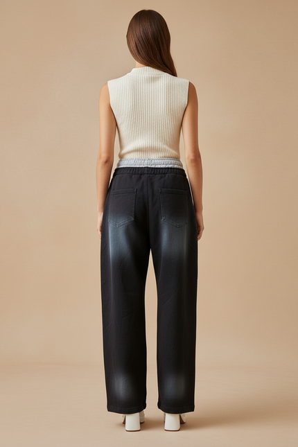 Pantalon Baggy Noir Ample Imprimé Graphique Décontracté Cordon - Jean - vue 2