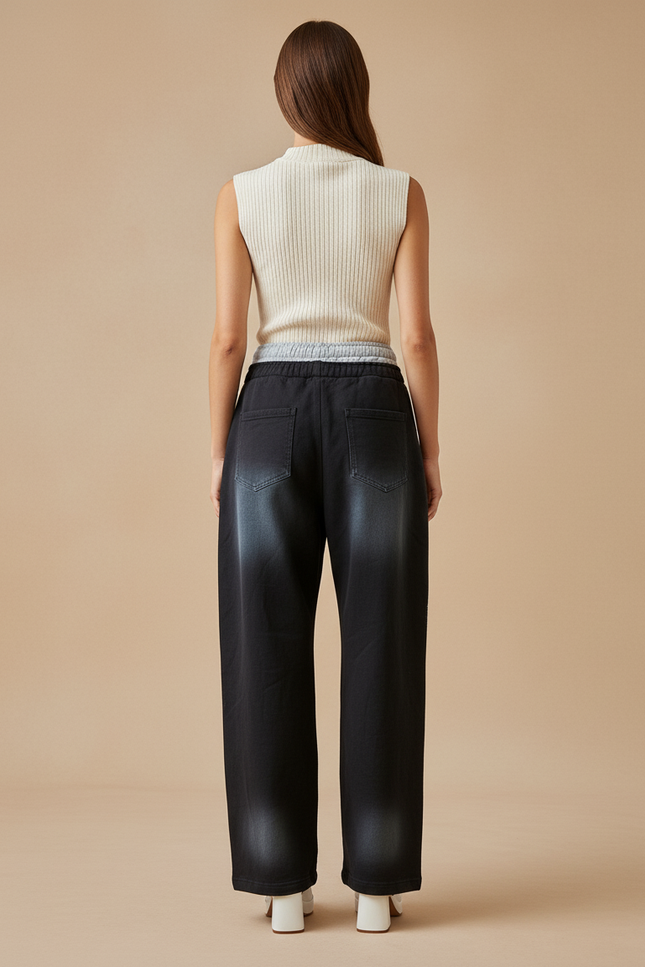 Pantalon Baggy Noir Ample Imprimé Graphique Décontracté Cordon - Jean - vue 2