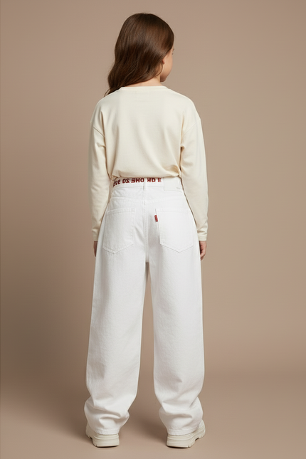 Pantalon Baggy Blanc Jean Imprimé Rouge Fille - vue 2