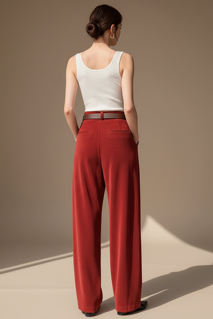 Pantalon Baggy Rouge Velours Ample Taille Haute Ceinturé - vue 2