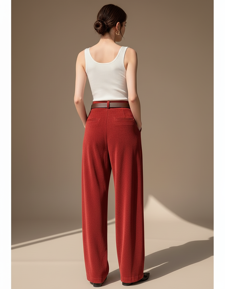 Pantalon Baggy Rouge Velours Ample Taille Haute Ceinturé - vue 2