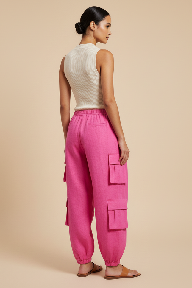 Pantalon Baggy Fuchsia Cargo Lin Ample Femme - Rose - vue 2