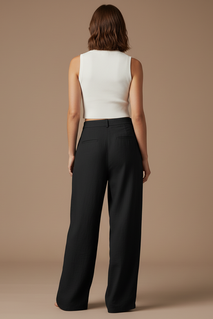 Pantalon Baggy Noir Ample Taille Haute Fluide Décontracté - Lin - vue 2
