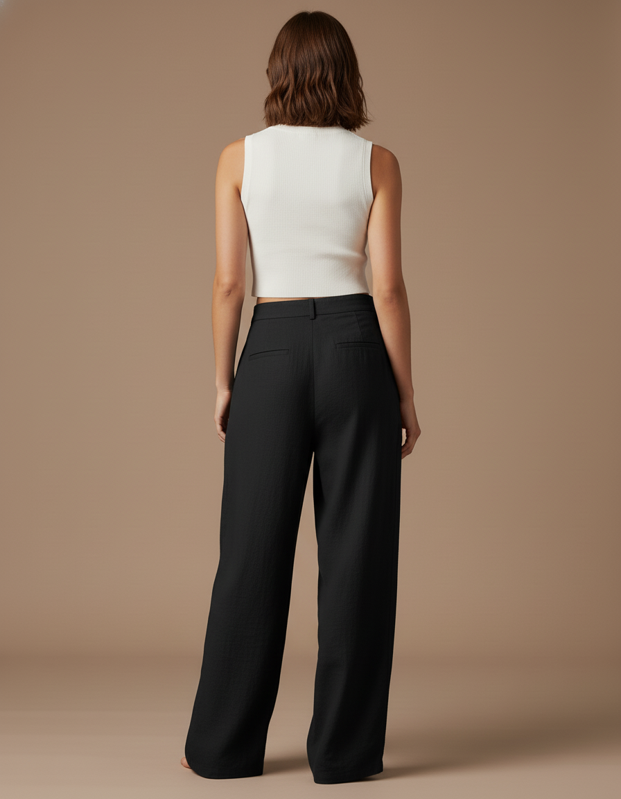Pantalon Baggy Noir Ample Taille Haute Fluide Décontracté - Lin - vue 2