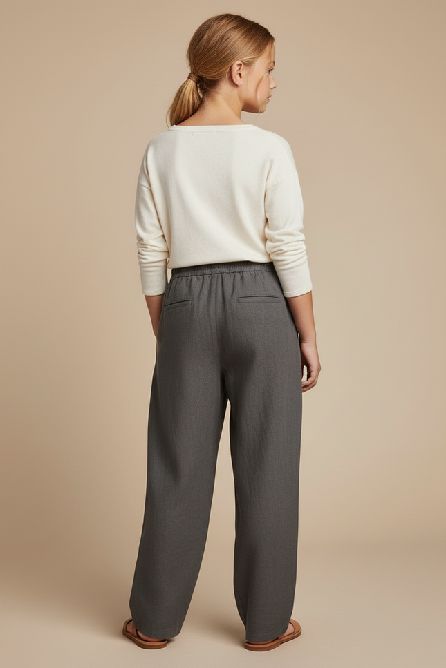 Pantalon Baggy Gris Lin Lâche Cordon Ample Décontracté - vue 2