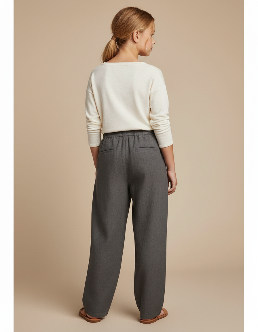 Pantalon Baggy Gris Lin Lâche Cordon Ample Décontracté - vue 2