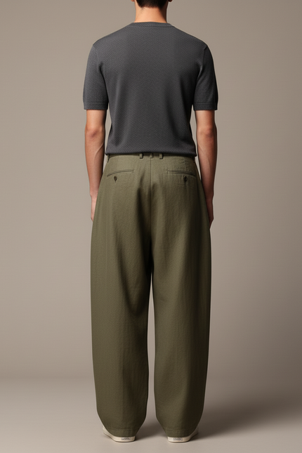 Pantalon Baggy Vert Olive Plissé Ample Décontracté Homme - Kaki Lin - vue 2