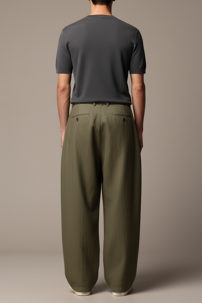 Pantalon Baggy Vert Olive Plissé Ample Décontracté Homme - Kaki Lin - vue 2