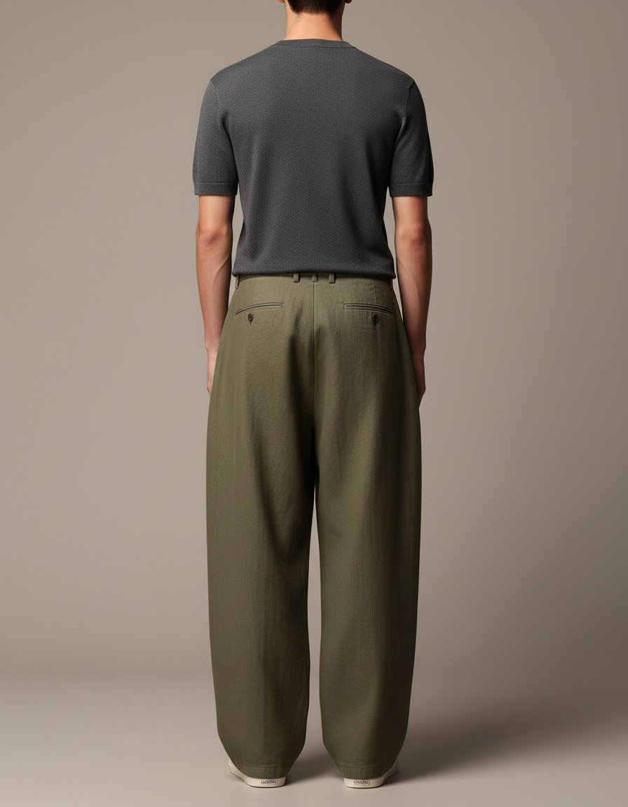 Pantalon Baggy Vert Olive Plissé Ample Décontracté Homme - Kaki Lin - vue 2