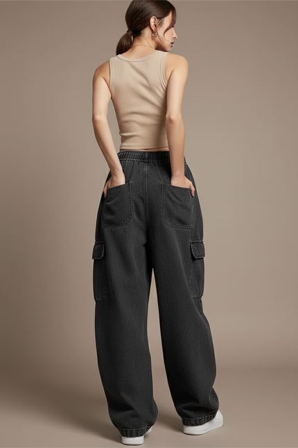 Pantalon Baggy Gris Délavé Ample Cordon Femme - Jean - vue 2