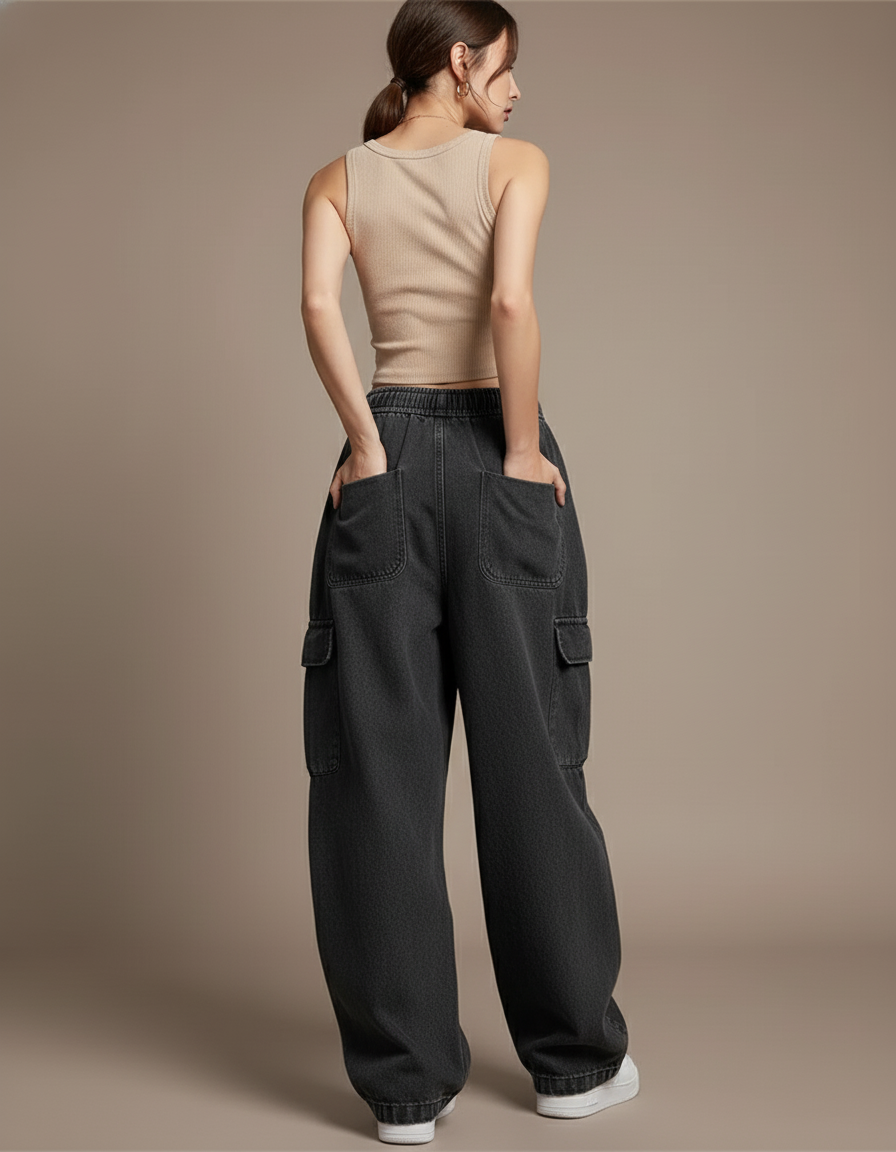 Pantalon Baggy Gris Délavé Ample Cordon Femme - Jean - vue 2