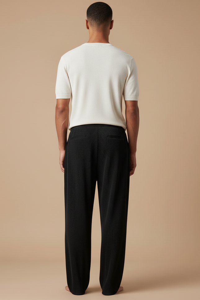 Pantalon Baggy Noir Plissé Ample Cordon Décontracté - Polyester - vue 2