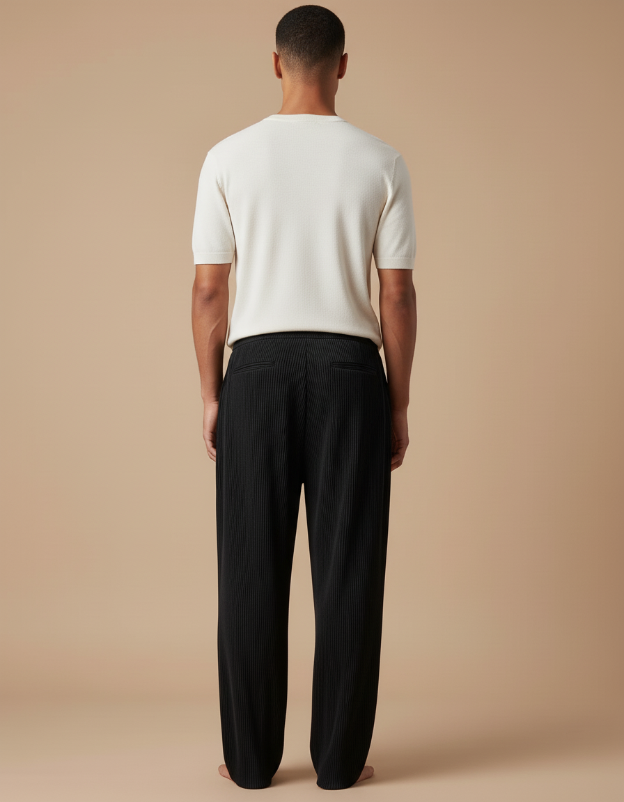 Pantalon Baggy Noir Plissé Ample Cordon Décontracté - Polyester - vue 2