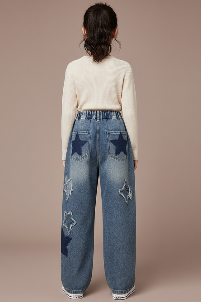 Pantalon Baggy Jean Bleu Étoiles Ample Fille - vue 2