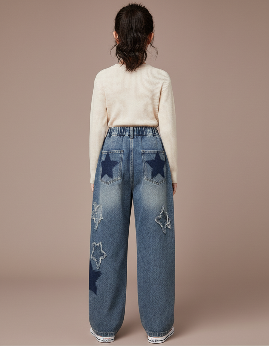 Pantalon Baggy Jean Bleu Étoiles Ample Fille - vue 2