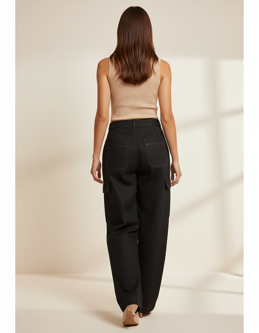 Pantalon Baggy Noir Cargo Ample Femme Chic - Jean - vue 2