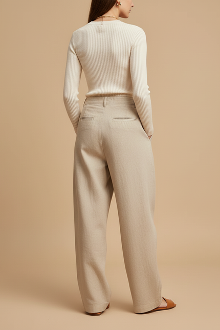 Pantalon Baggy Beige Plissé Fluide Lin Élégant - vue 2