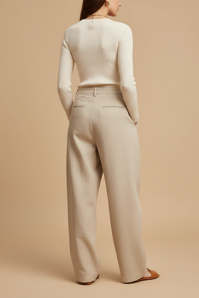 Pantalon Baggy Beige Plissé Fluide Lin Élégant - vue 2