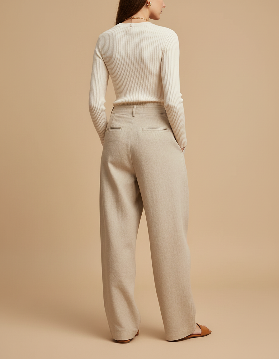 Pantalon Baggy Beige Plissé Fluide Lin Élégant - vue 2