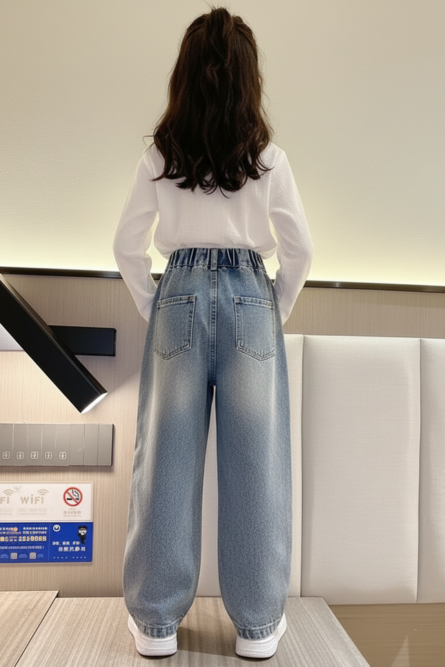 Pantalon Baggy Jean Bleu Brodé Étoiles Cœurs Enfant - vue 2