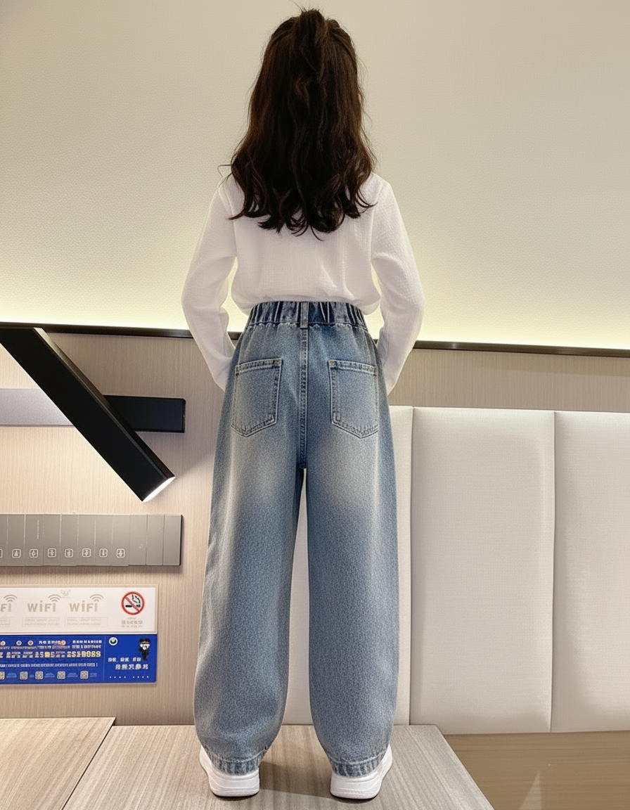 Pantalon Baggy Jean Bleu Brodé Étoiles Cœurs Enfant - vue 2