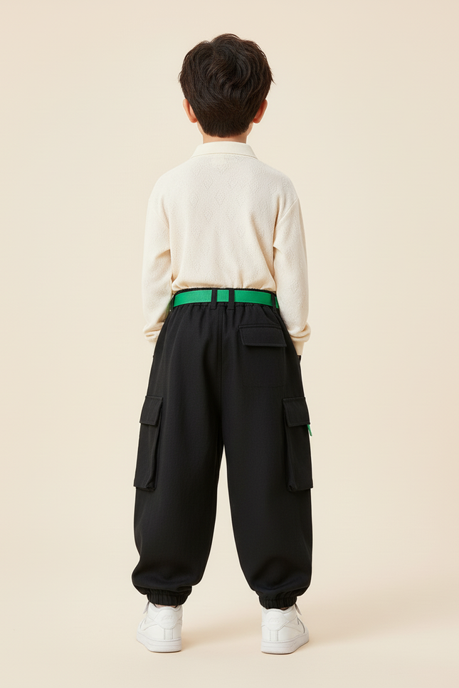 Pantalon Baggy Noir Cargo Ample Garçon Ceinture Verte - Toile - vue 2