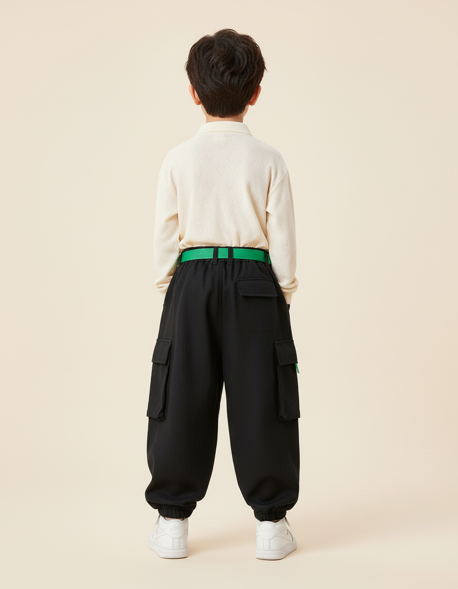 Pantalon Baggy Noir Cargo Ample Garçon Ceinture Verte - Toile - vue 2