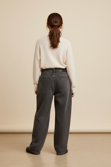 Pantalon Baggy Gris Délavé Imprimé Floral Rouge Ample - Jean - vue 2
