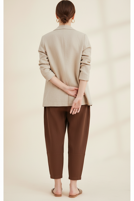 Pantalon Baggy Marron Lin Ample Taille Élastique - vue 2