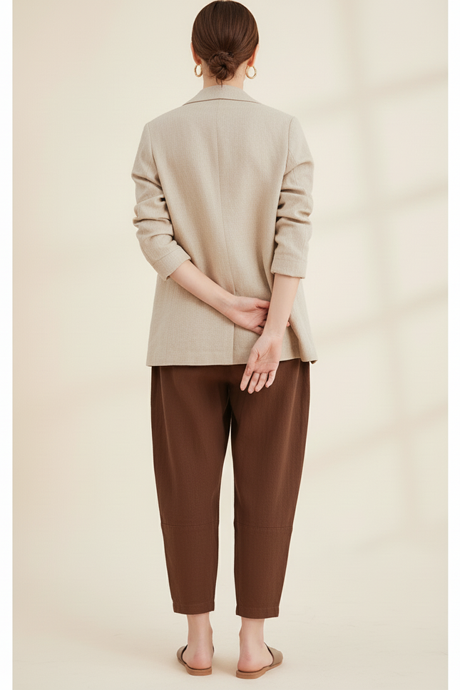 Pantalon Baggy Marron Lin Ample Taille Élastique - vue 2