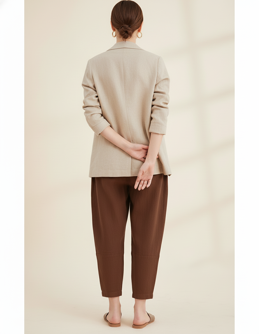 Pantalon Baggy Marron Lin Ample Taille Élastique - vue 2