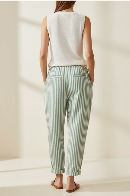 Pantalon Baggy Rayé Vert Ample Décontracté Fluide - Lin - vue 2