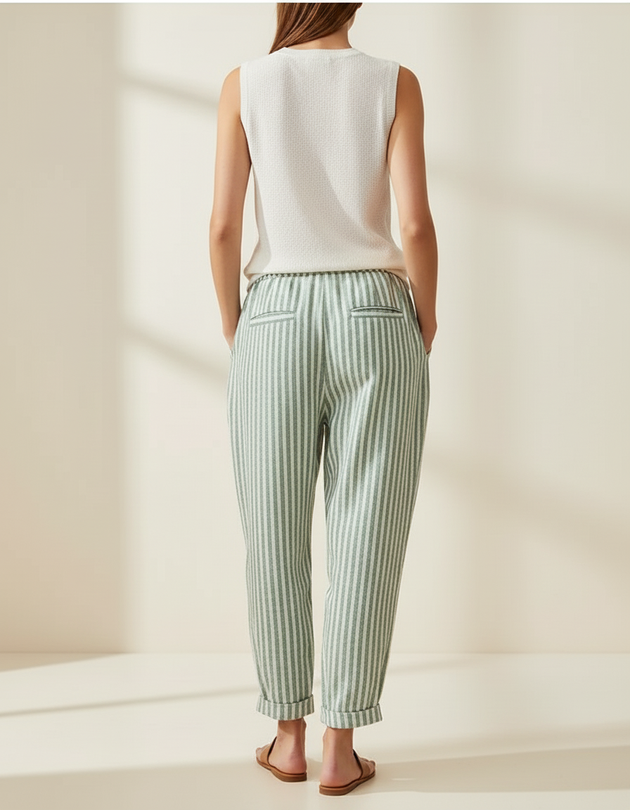 Pantalon Baggy Rayé Vert Ample Décontracté Fluide - Lin - vue 2